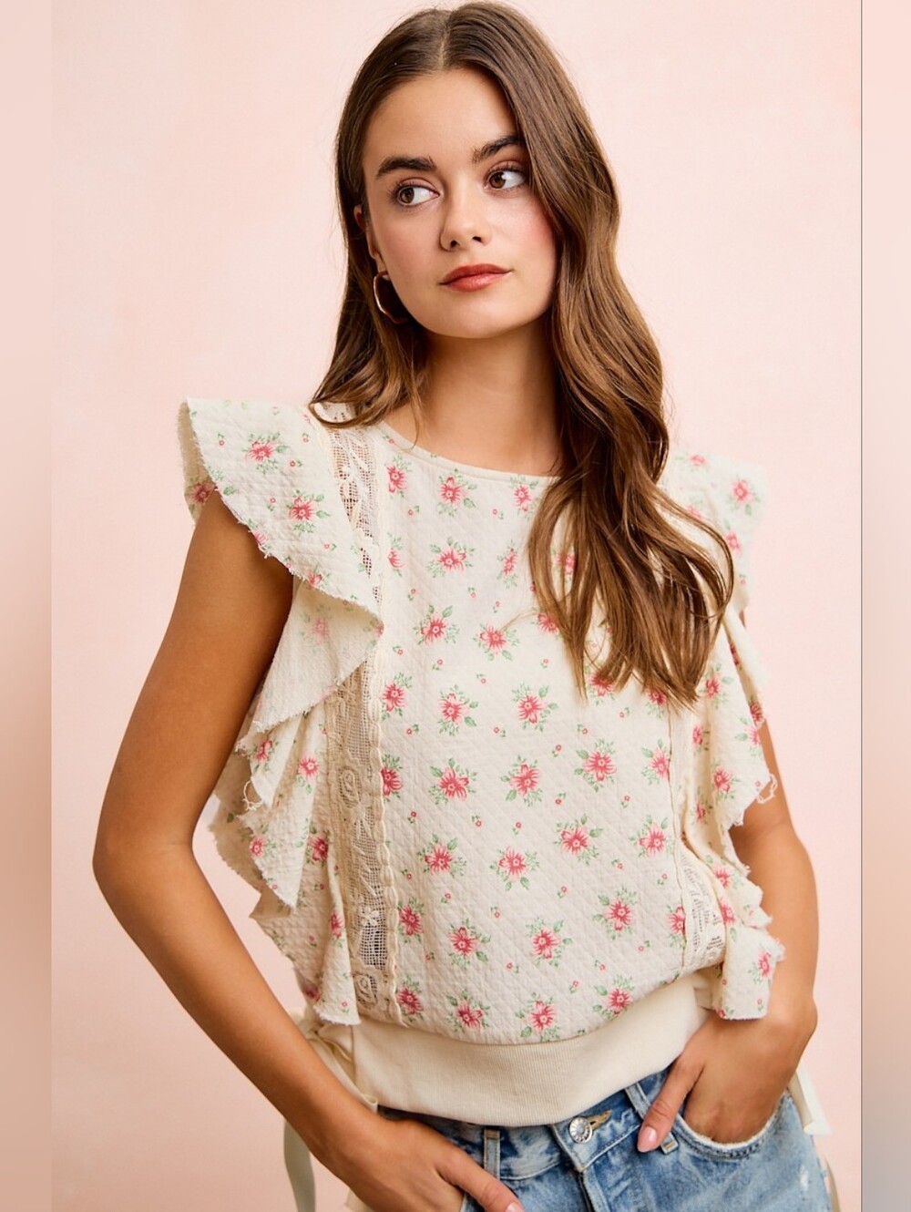 BiBi Flower Printed Ruffle Sleeve Trim Lace Detail Top- Red Flower - Picture 3 of 11